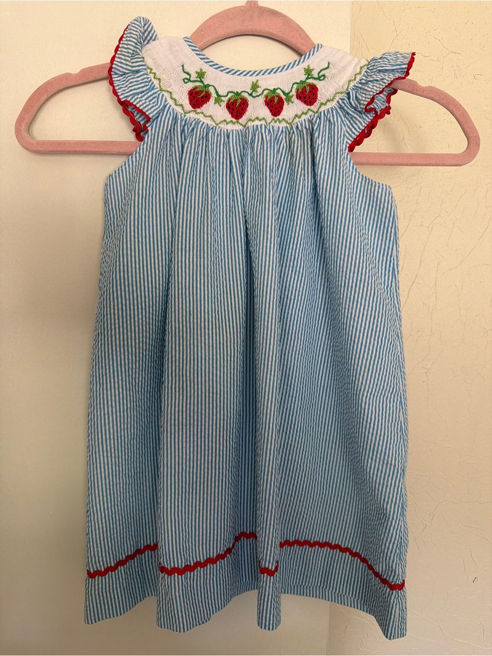 Smocked Strawberry Blue Seersucker Girls Dress